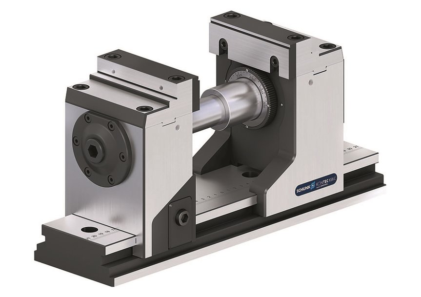 Powerful 5-axis power vise with adjustable center